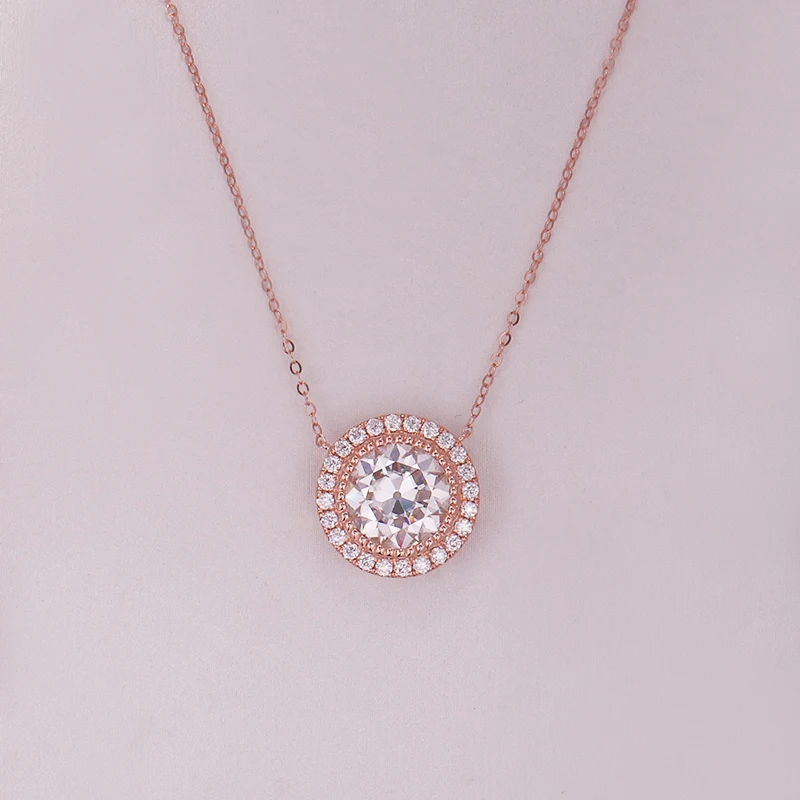 Popular Style Women Necklace 10K Rose Gold Moissanite Diamond Pendant Round H&A Cut Diamond Necklace