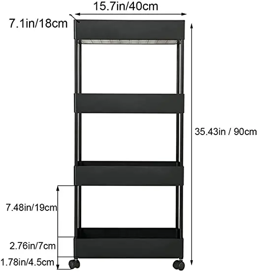 4-Tier Slim Rolling Utility Cart Storage Shelves Trolley Storage Organizer Shelving Rack  Mesh Baskets Wheel Casters