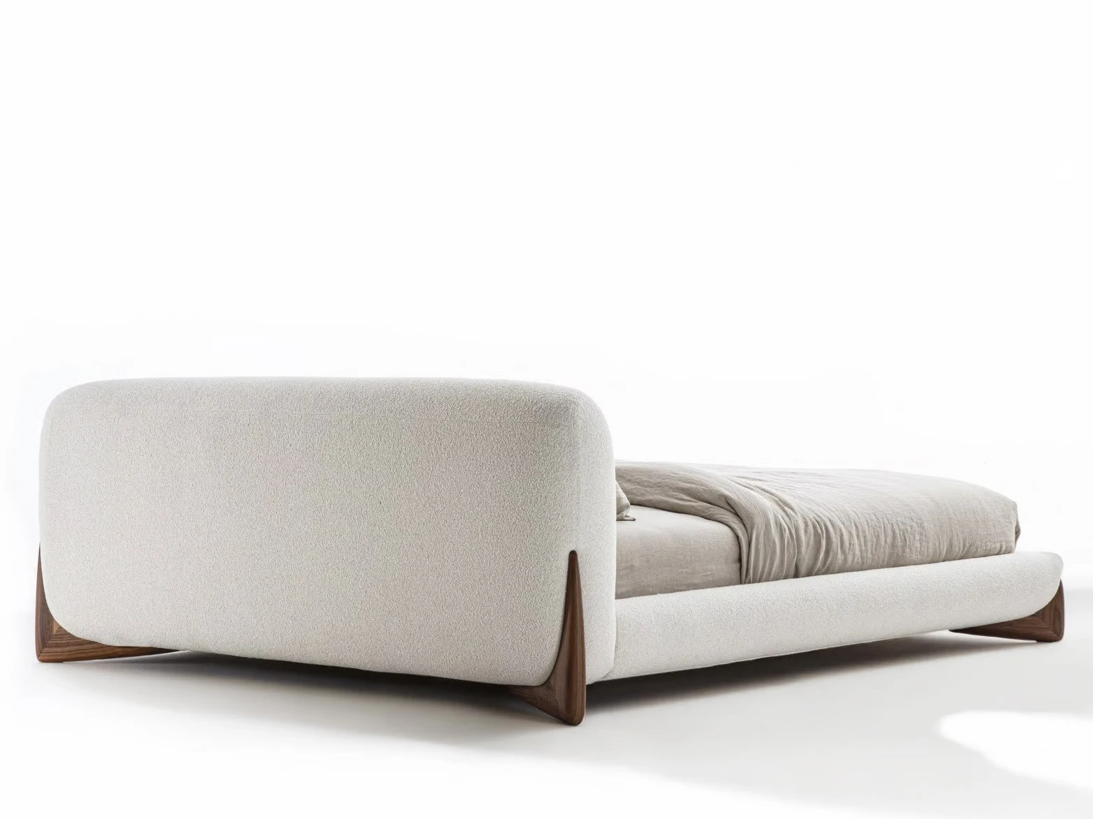 Italian Bedroom Furniture Upholstered Boucle Fabric Solid Wood Bed Frame Walnut Feet Queen Size King Size Fabric Bed