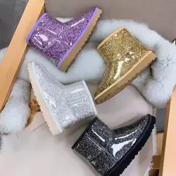 Женские зимние ботильоны со сверкающими блестками, подходящая шуба из искусственного меха, меховые Тапочки