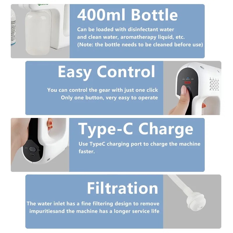 
Household portable wireless handheld atomization disinfection fog machine fog machine blue light steam spray gun disinfection 