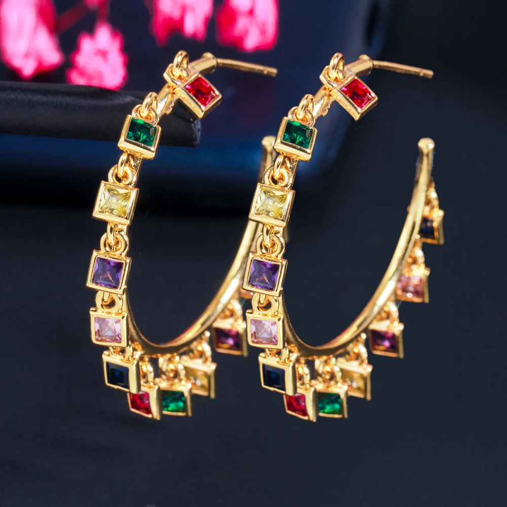 Sparkling Colorful Rainbow Square Cubic Zirconia Crystal Round Dangle Drop Charms Big Hoop Earrings for Women 18k Gold Plated