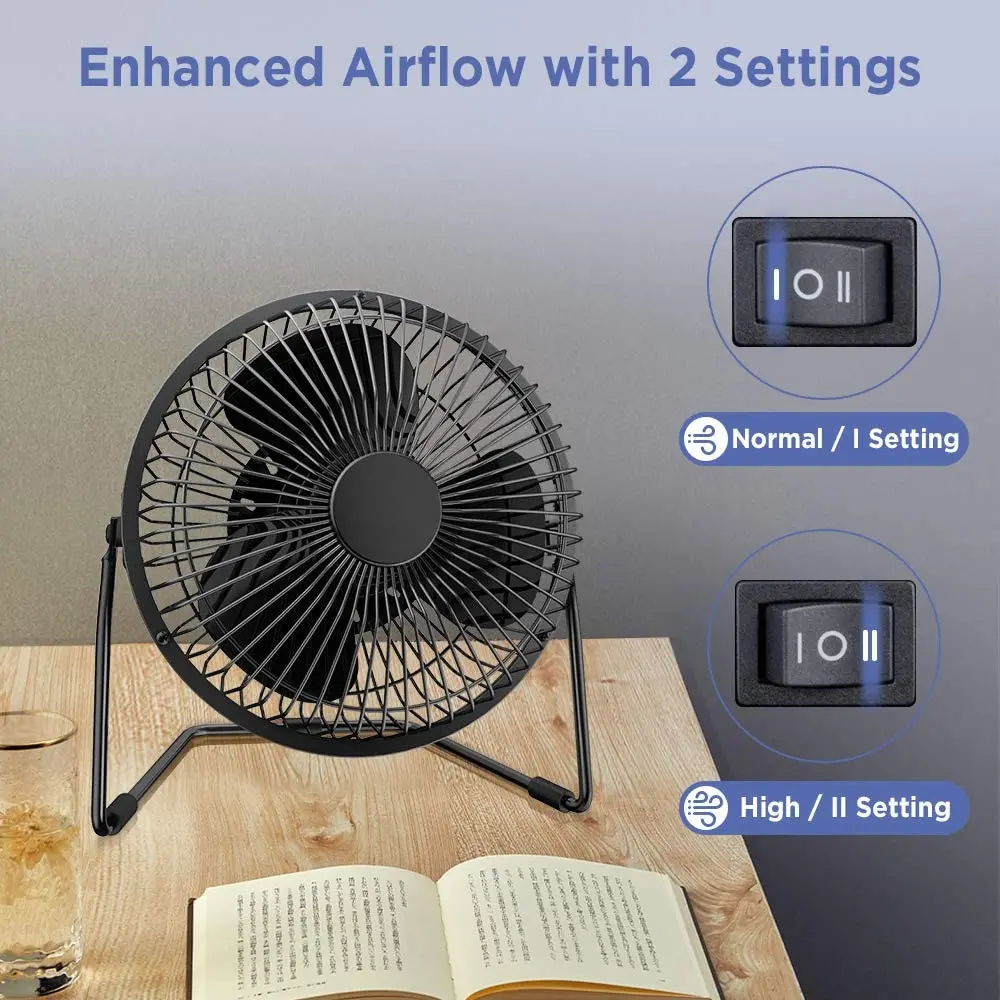 6 Inch Mini Metal USB Desk Fan Small Quiet Powerful USB Powered Portable Fan Personal Cooling Fan with 2 Speed for Home Office