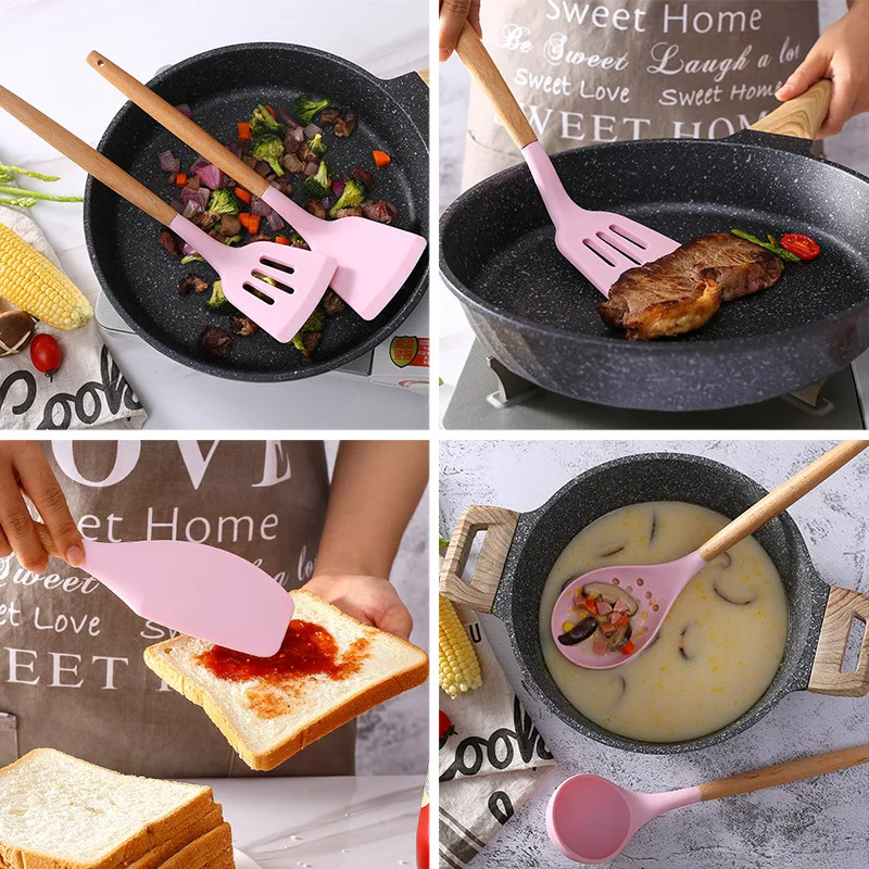 11pcs Amazon Hot Sale food safe kitchenware accessories kitchen home cooking tools silicone utensil set with wooden handle
