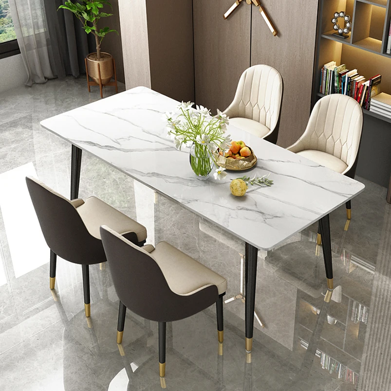 Premium Custom Luxury Dining Table Nordic Rectangular Mesa Stainless Steel Legs 4 6 Seater Chair Marble Ceramic Dining Table Set