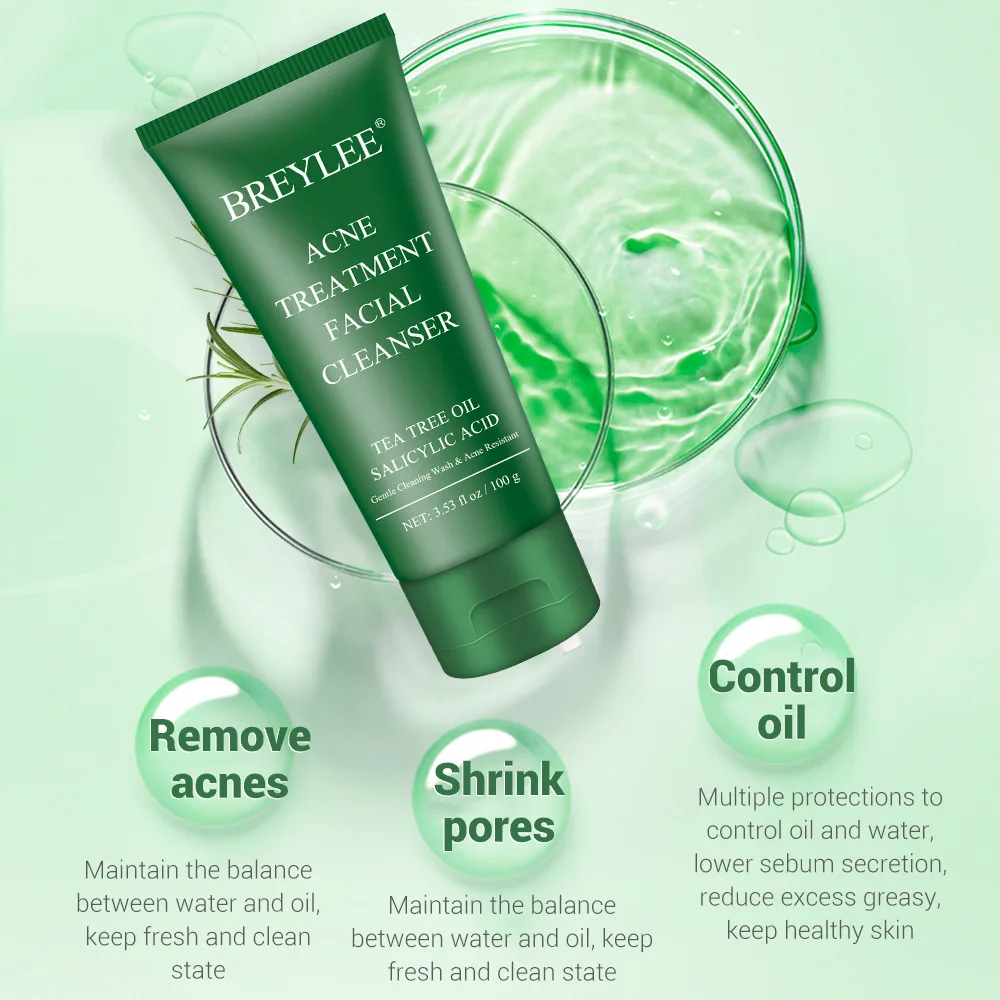 BREYLEE Tea Tree Oil Salicylic Acid Facial Cleanser Remove Acne Oil Control Facial Cleaning Cream Acne Treatment Facial Cleanser