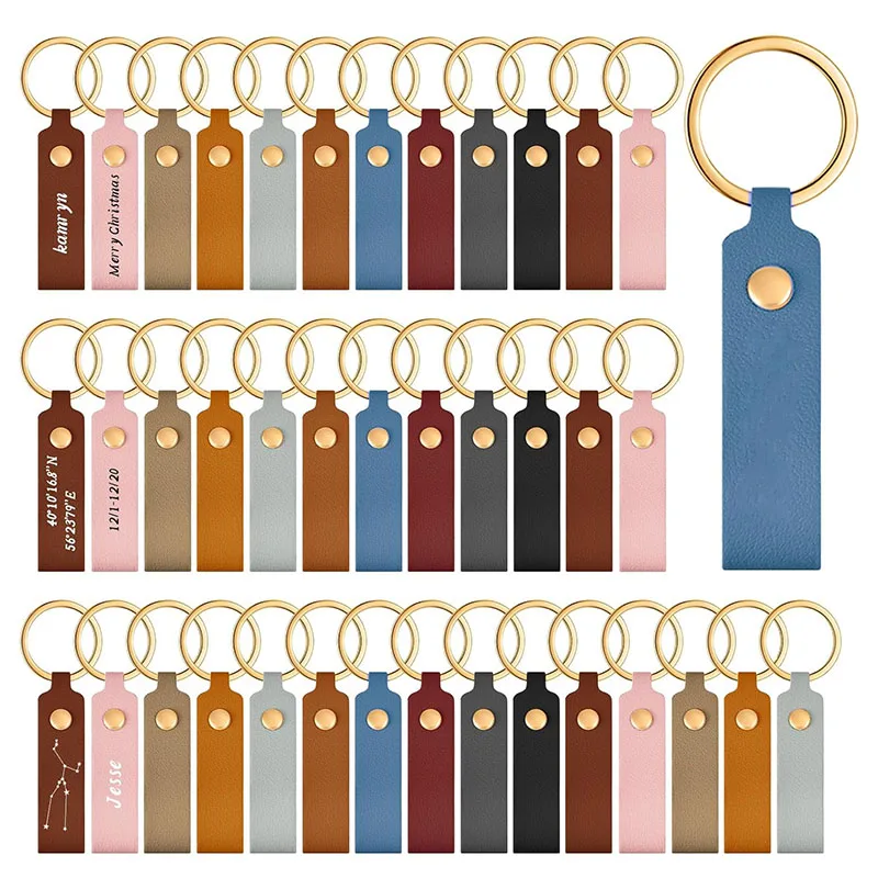 Personalized Leather Keychain Kit Pu Leather Blanks Short Lanyard Strap Key Rings Rivets Keychains For Diy Craft Laser Engraving