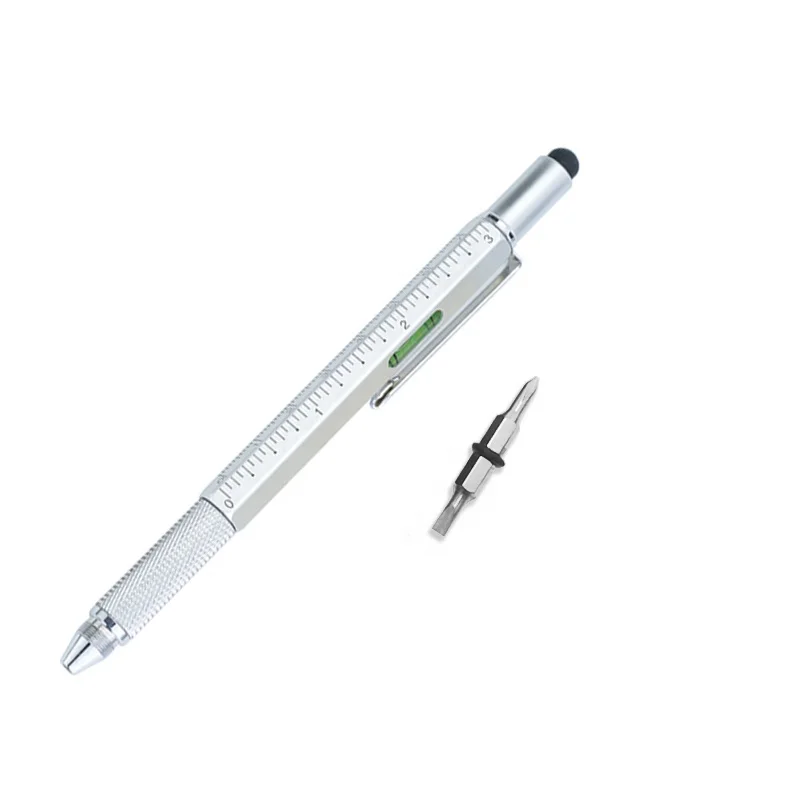 Wholesale Cool Ballpoint Pens Kit High High Quality 6 In1 Multifunctional Pen With Scale Ruler And Level Multi Tools Set, Silver