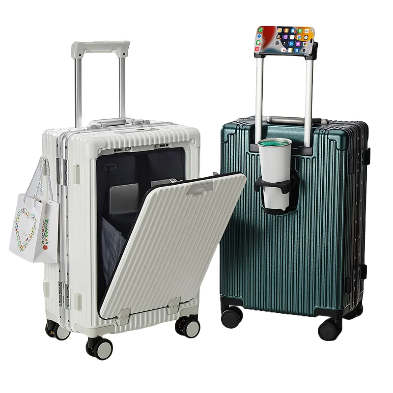 2023 New Design Multifunctional Front Open Luggage Aluminum Suitcase Travel Bag With Usb Charger And Cup Holder