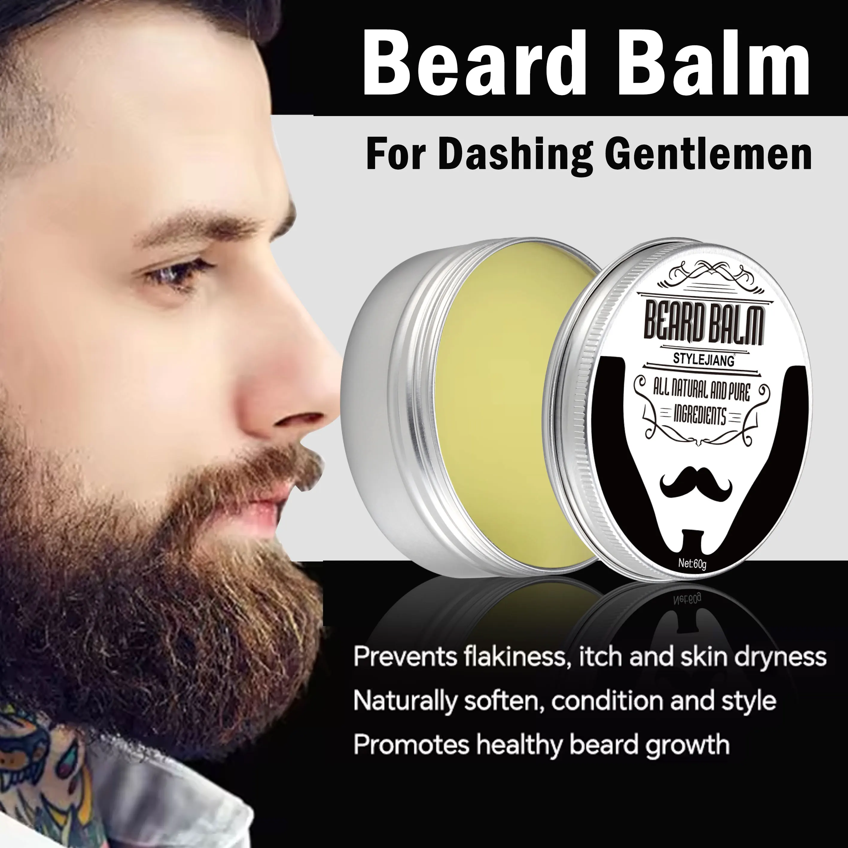 60ML OEM Private Label High Quality Natural Scented Beard Balm Organic For Mens Mustache Beard Care Products