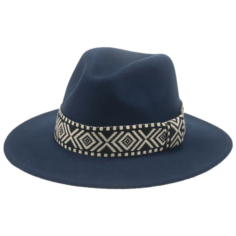 Spring autumn wide brim european american fedora hats national wind square ribbon festival performance fedora hats men