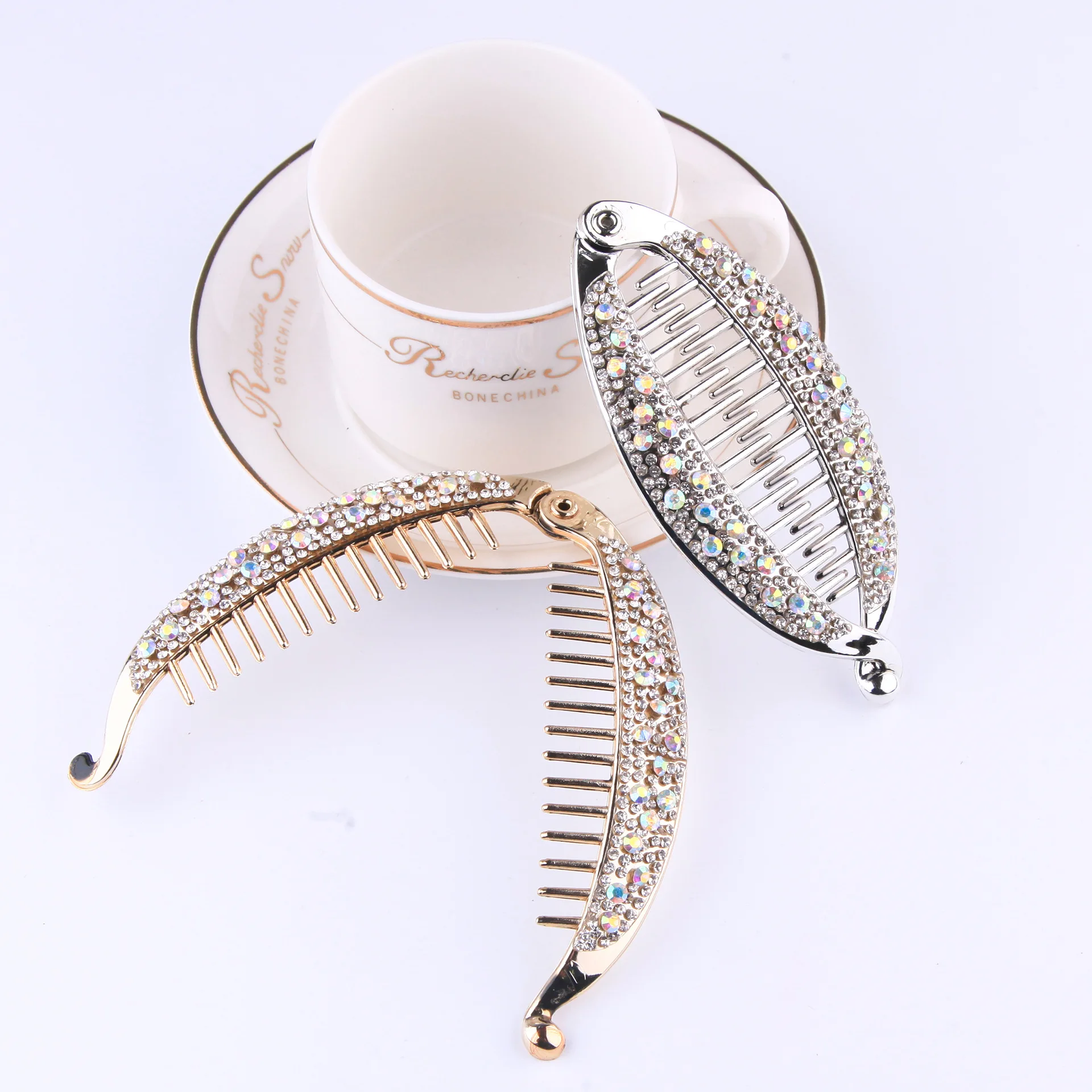 Shiny Rhinestone Banana Clip Metal Diamond Hairpin Hair Accessories Rounded Edges Hair Comb Fish Shape Hairgrips Girls Headwear