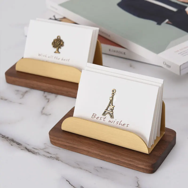 Wooden Business Card Holder Desktop Solid Brass Picture Stand Case with Wood Base Card Display Stand Business Card Display