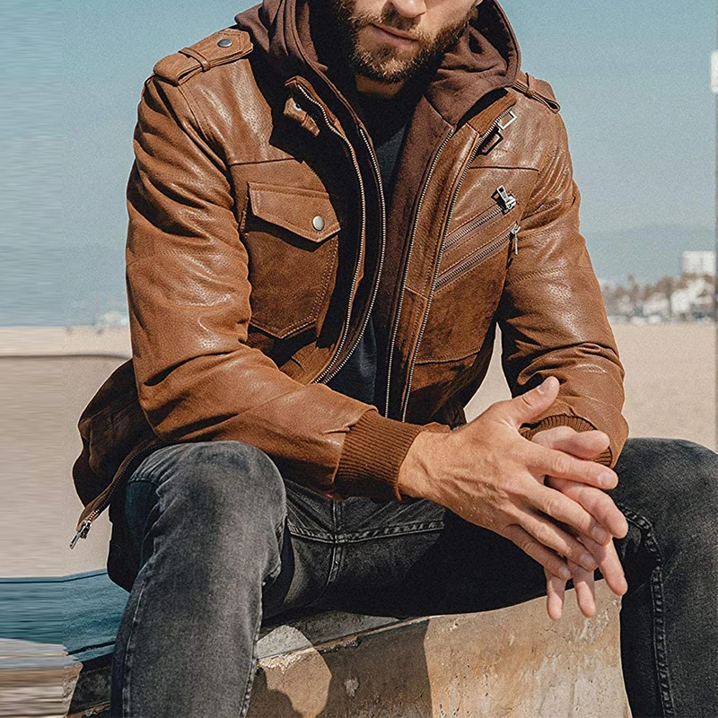 Brown  Motorcycle  With Removable Hooded For Men Leather Jacket