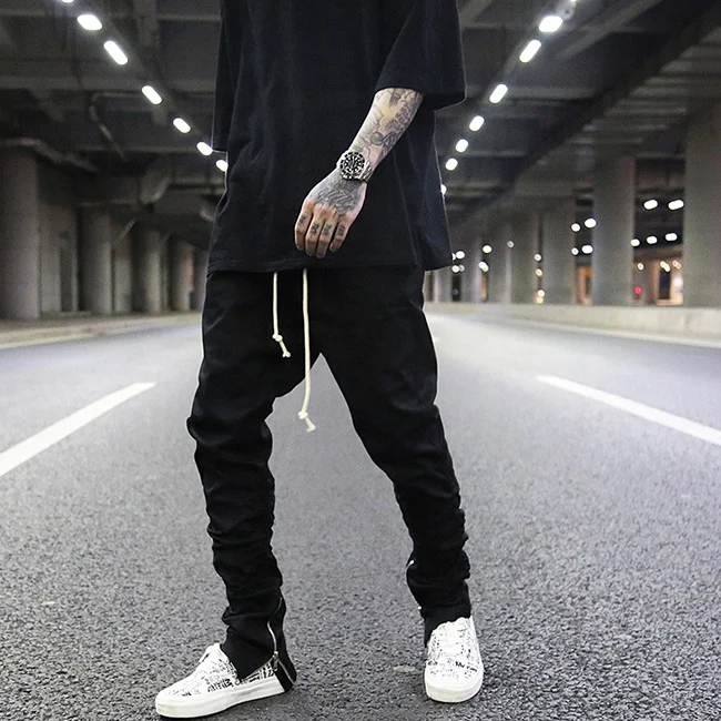 OEM fog trendy plain color draped stretch waist pants men stock slim fit ankle zipper jogger pants teen punk rap streetwear