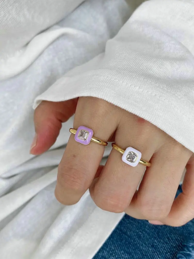 Fashion New Multi Color Enamel Band Zircon Ring Rainbow Open Adjustable Stacking Neon Enamel Square Rings for Women