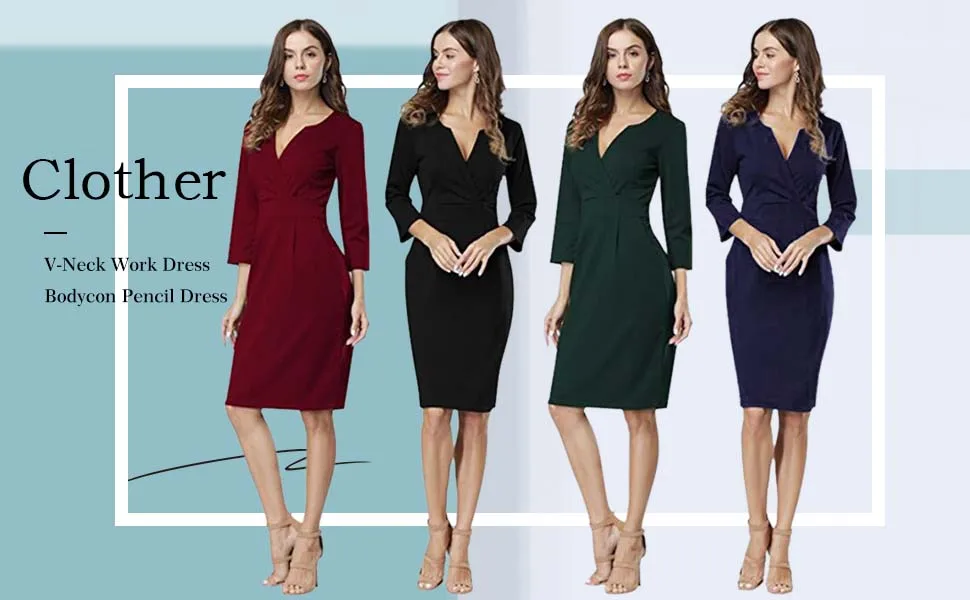 women Vintage V-Neck Empire Waist Knee Length 3/4 Sleeve Work Business office Bodycon Pencil Dress with pocket For Spring Summer