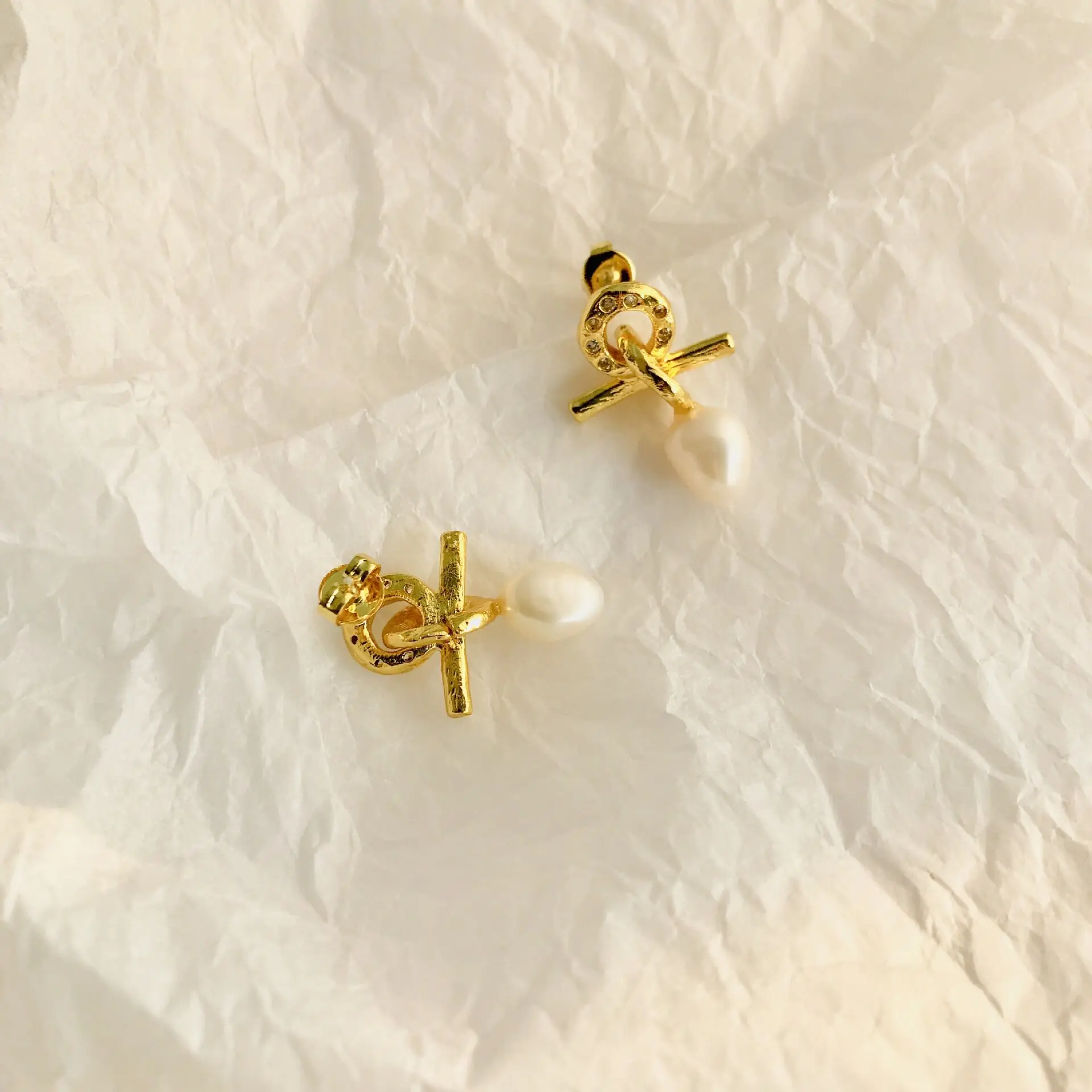 Natural Freshwater Pearl Gold Plated Knotted Stud Earrings