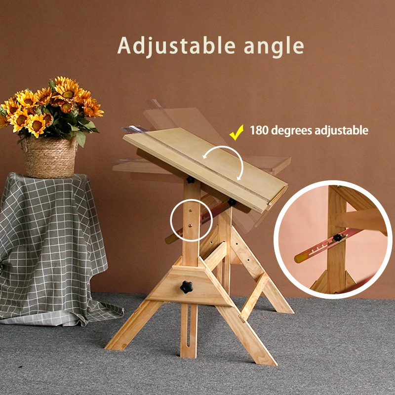 Solid Wood Drafting Table Artist Drawing Desk With Adjustable Height And Tiltable Tabletop For Artwork Graphic Design Reading