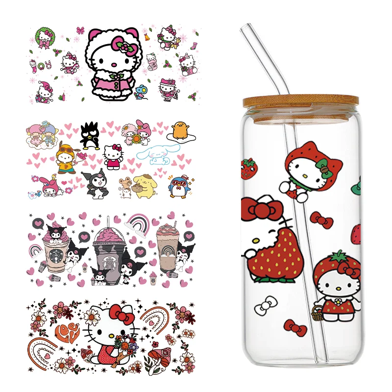 Подгонянные красивые 16 унций, ультрафиолетовые чашки dtf, обертывания для кошек, Мультяшные 3D-переводные виниловые стаканчики, водонепроницаемые наклейки для стеклянных чашек