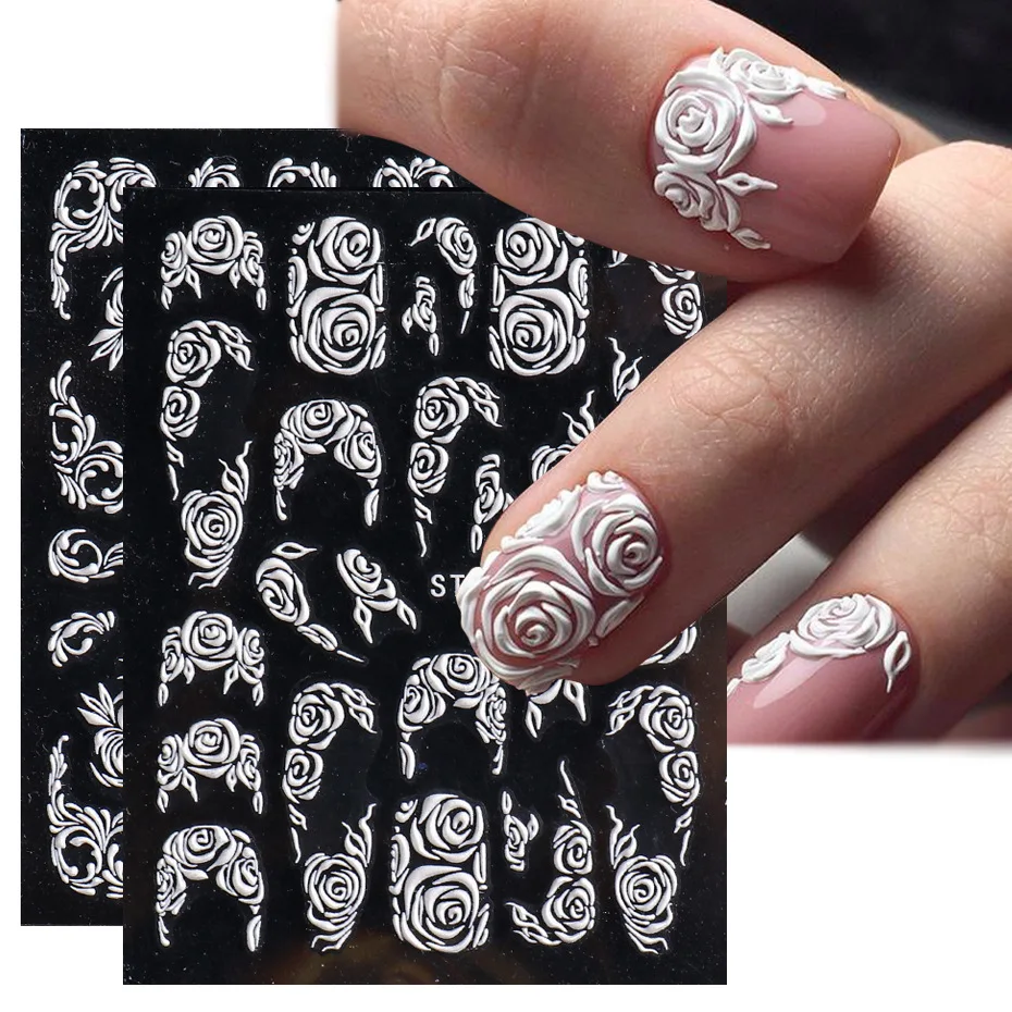 New 5D Acrylic White Wedding Design Nail Stickers Embossed Flower Lace Adhesive Decals French Winter Sliders DIY Manicure Decor