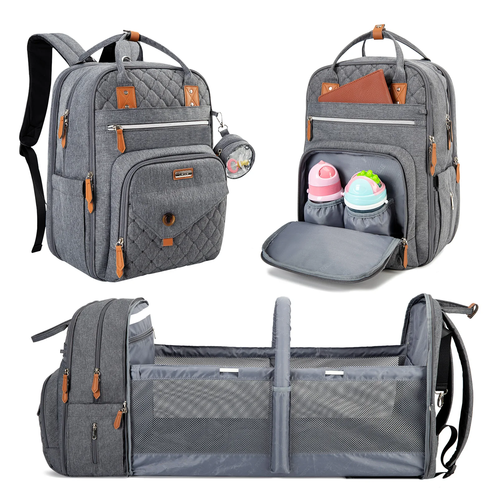 
Custom 3 in 1 travel folding new baby diapers bags backpack foldable mommy diaper bag with changing bed and pacifier bag 