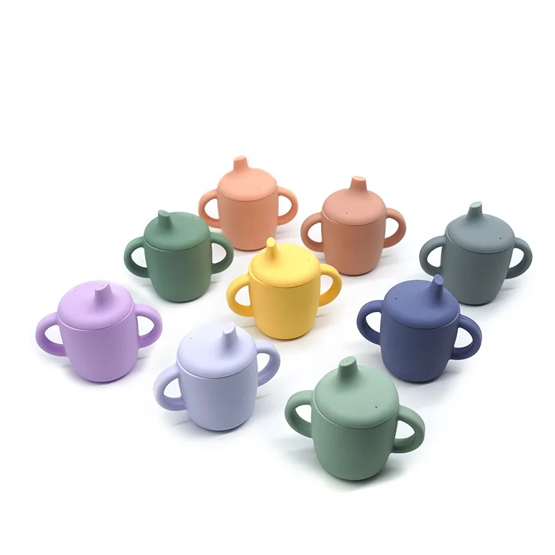 Hot Sales Customized Non Spill Toddler Drink Training Cup 2 Lids Sublimation Kids Baby Silicone Sippy Cup