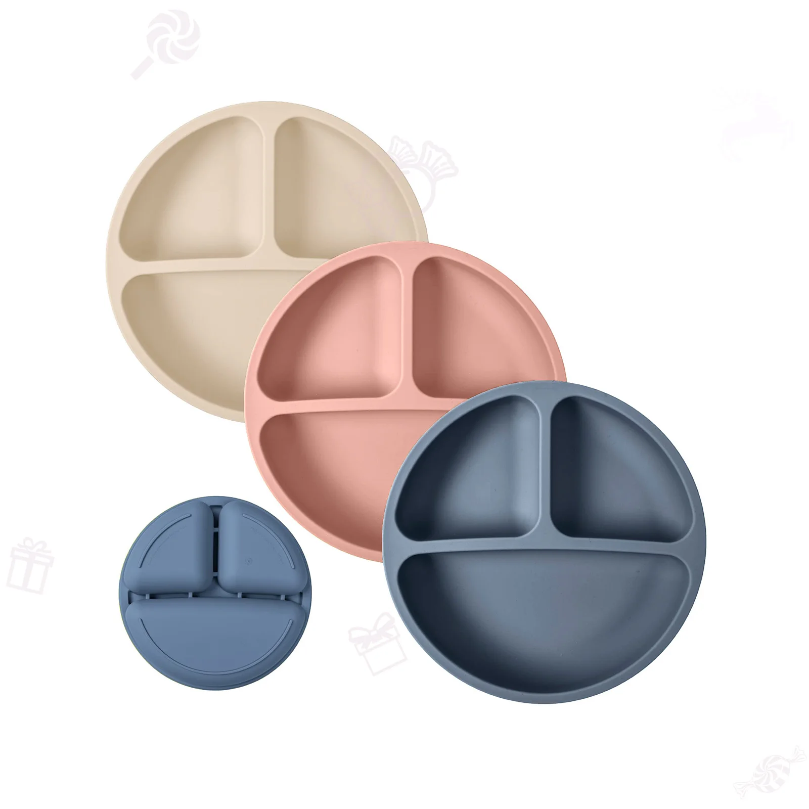 New Bpa- Free Baby Silicone Tableware Feeding Set Food Grade Silicone Baby Suction Plate Divided 3 Parts Baby Plate Set