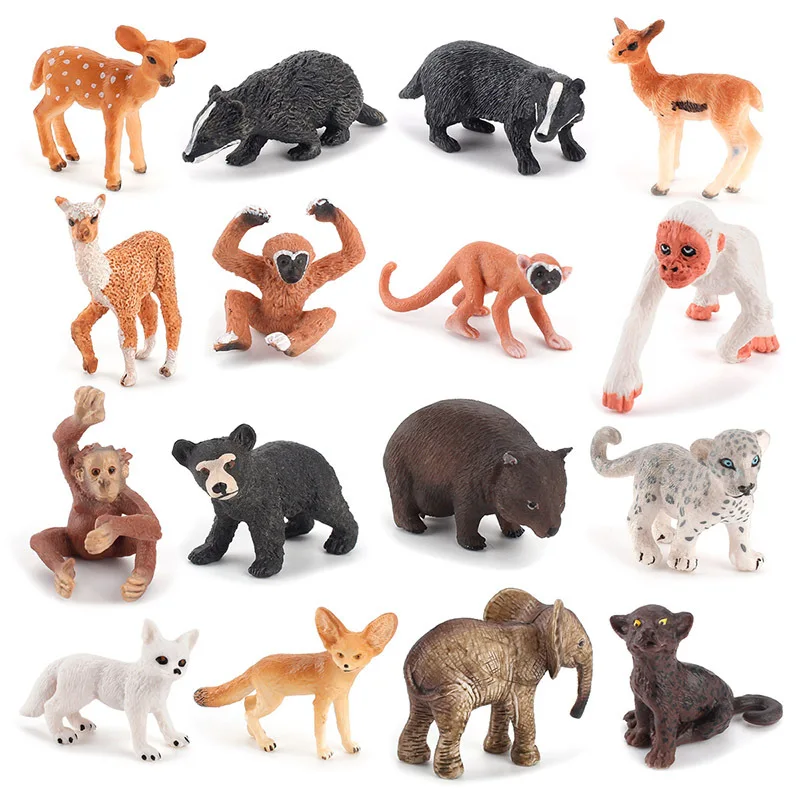 High quality 16 mini wildlife model set solid sitting badger squirrel monkey gibbon wombat decoration