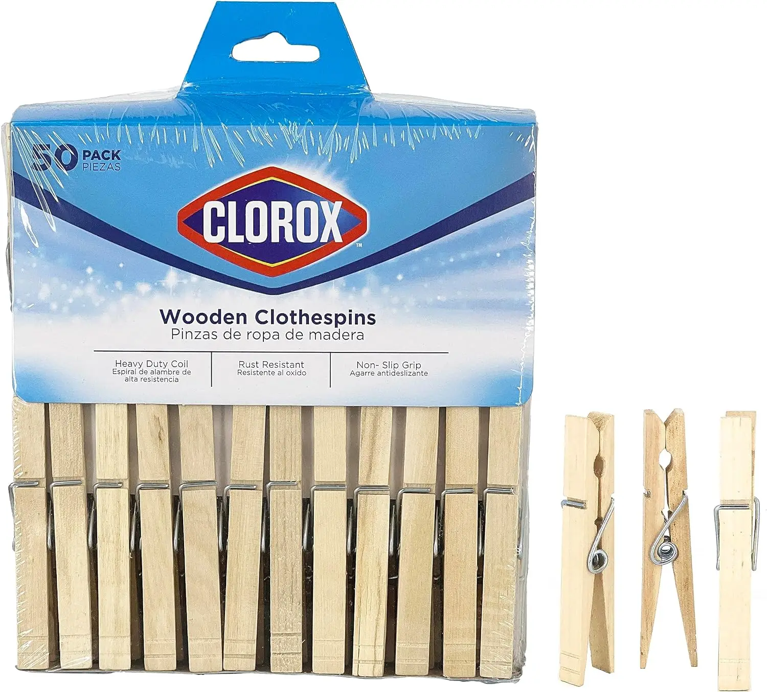 Wood Clothespins with Spring - Value Pack of 50 Clips, Rust Resistant with Heavy-Duty Coil for Line Drying Laundry, Chip Bags