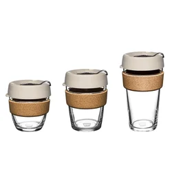 Eco Friendly Reusable Heat Resistant 250ml 350ml 450ml Glass Coffee Cup Mug with Silicone Lid Cap Cork Band
