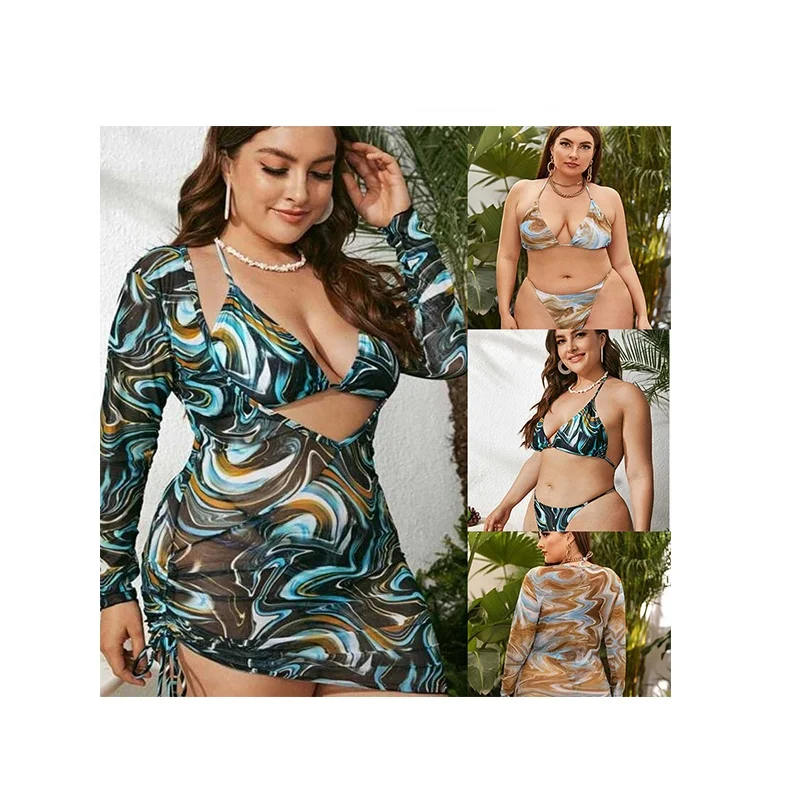 Wholesale Recycled Women 3 piece Bathing Suit Beachwear Sexy Swimsuit Triangle Bikinis Set Plus Size Swimwear With Cover up