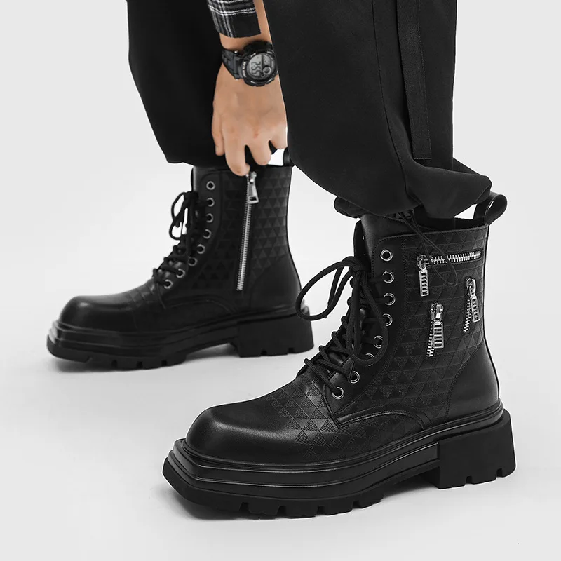 2023 new mid-calf boots English wind black comfortable breathable increase factory wholesale