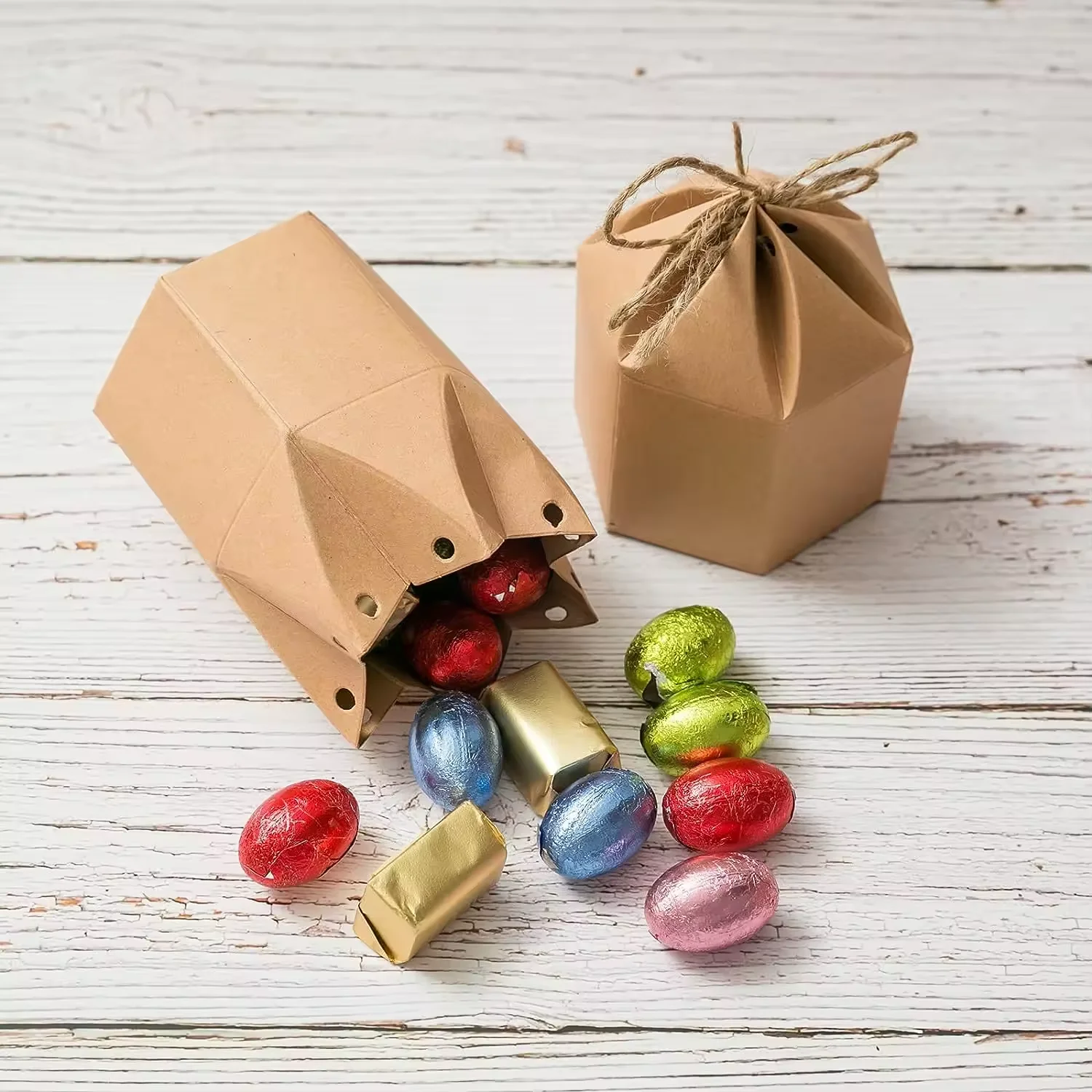 Paper Gift Boxes Lantern Kraft Paper Package Box with Twine Candy Chocolate Gift Packing Wrap for Wedding Party Christmas Brown