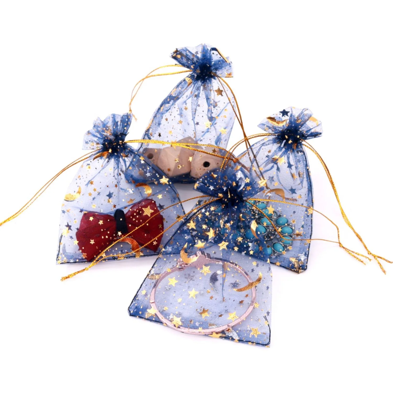 Custom Logo Luxury Star Moon Floral Print Drawstring Jewelry Sheer Organza Gift Bags Mesh Pouches for Wedding Party