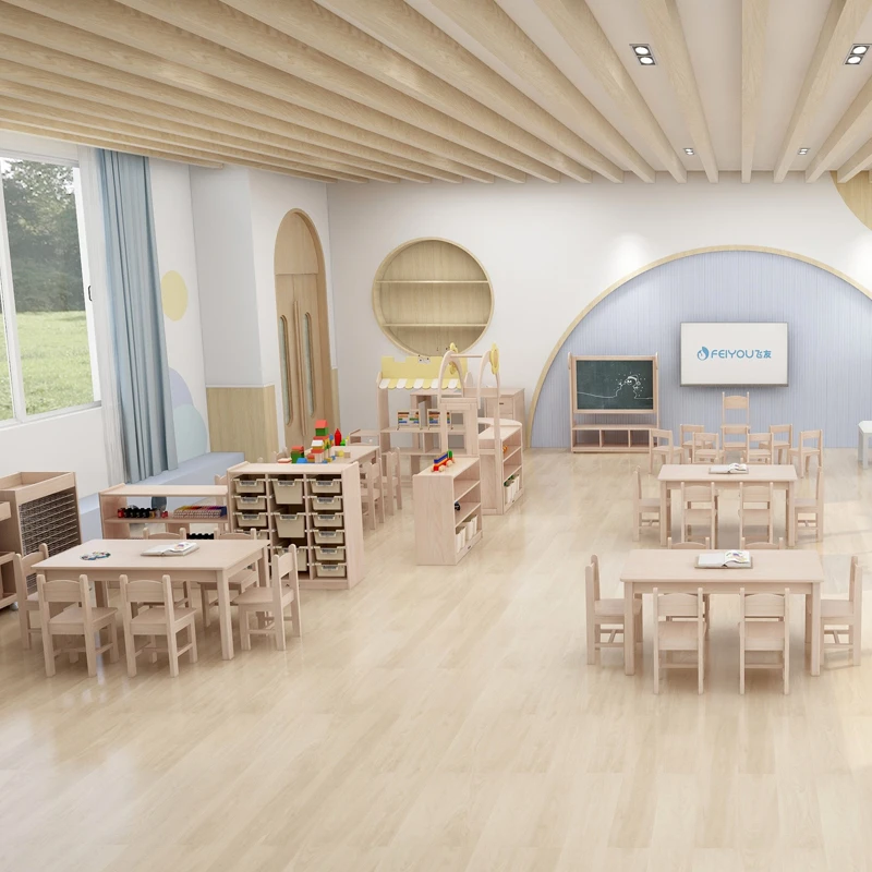 Simple round legs rectangular table combination kindergarten school furniture for children furniture for preschool wooden