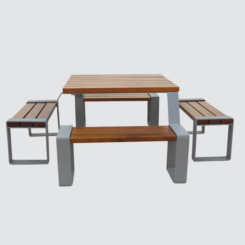 Heavy Duty Commercial Outdoor 4 Seat Picnic Table Outside Garden square Metal and Wood Out Door Dining Table with Bench