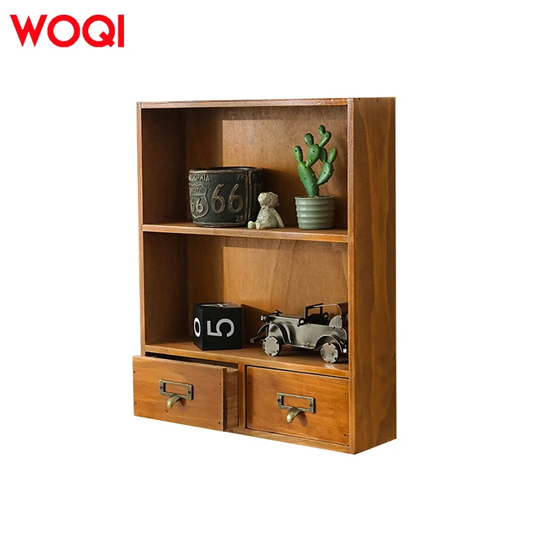 WOQI Vintage Solid Wood Display Shelves with 2 Drawers Wall Mounted/ Tabletop Suitable for All Kinds of Scenes