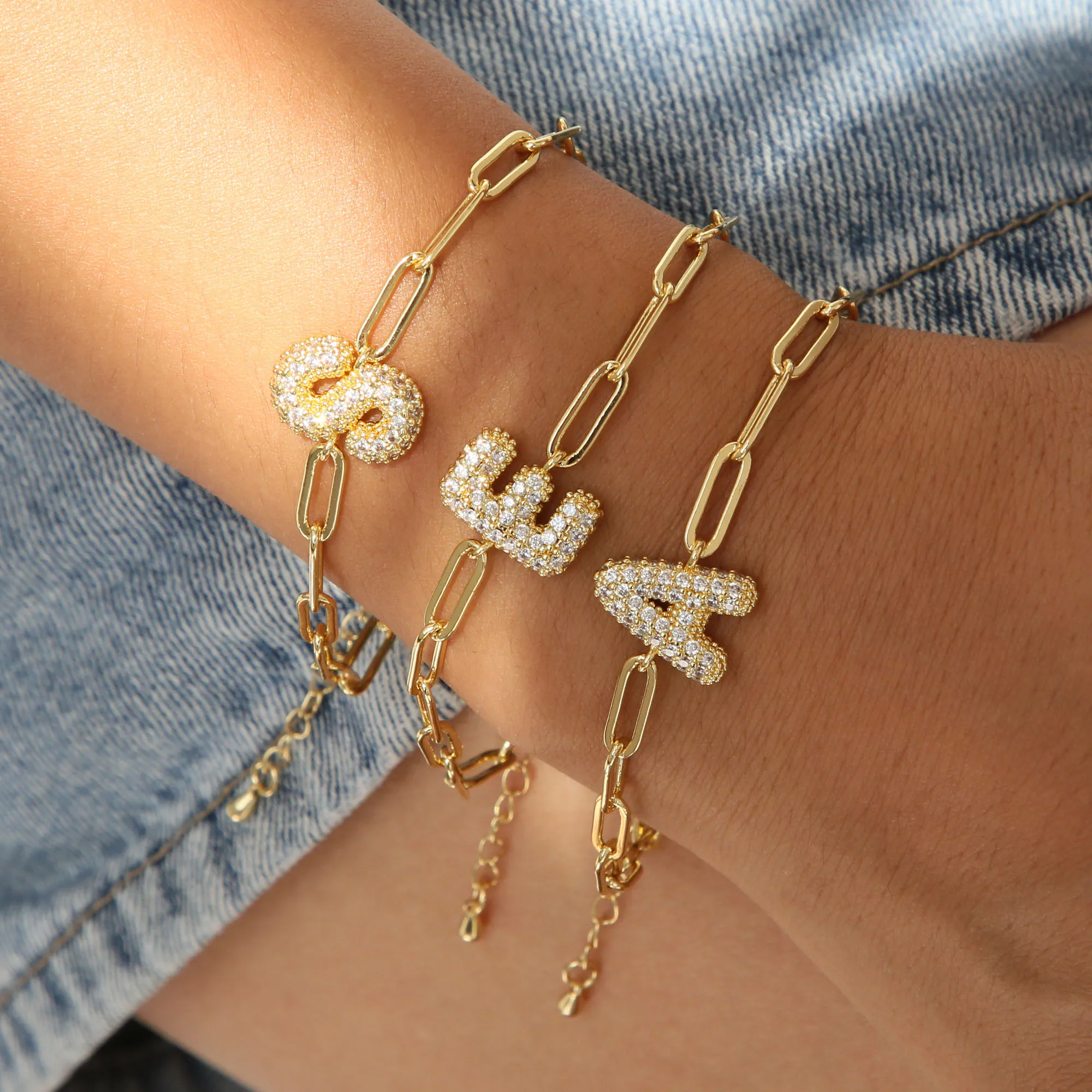 New Models Zircon Balloon Letter Chain Bracelets Gold Bubble Initial Paperclip Chain Bracelets for Women Teen Girls