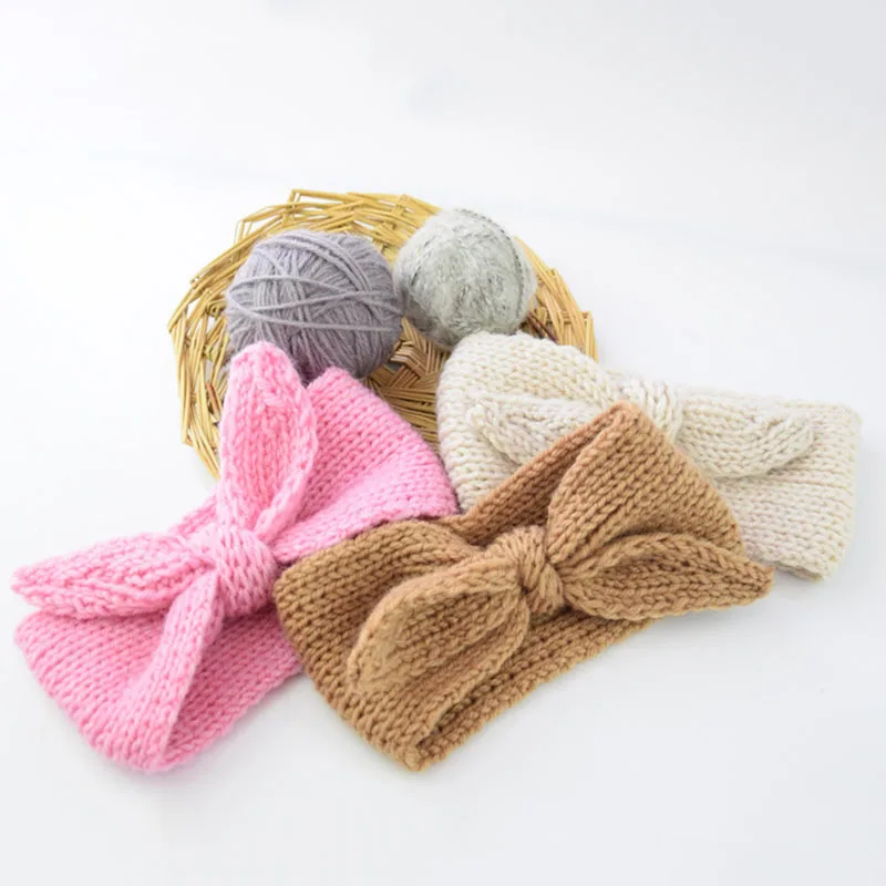 HZO-24130 Hot selling kids knitted hair bands solid color bunny ear hair wraps little girls bow knot crochet headbands for baby
