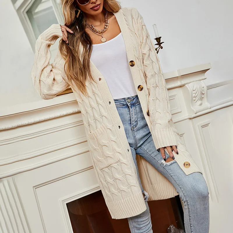 RTS Wholesale Button Down Pocketed Knit Fall Winter Long Cardigan Sweater For Ladies