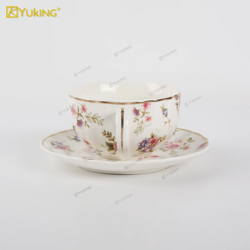 Hot sale 220ml bone china cup and saucer ceramic coffee cup for flower designs and golden lines factory direct high quality