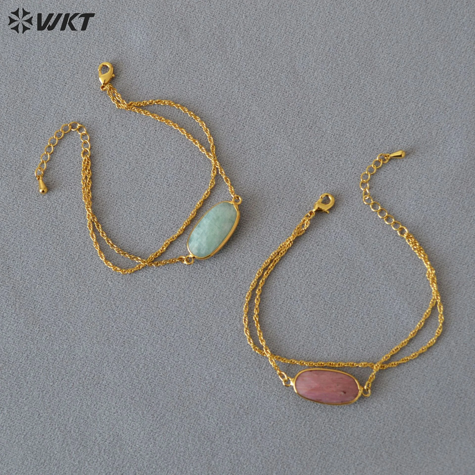 WT-B651 Elegant 18K Real Gold Plated Nickle Free Europe Tiny Connect Rhodonite Stone Bracelet Double Layer Women Chain Wrist