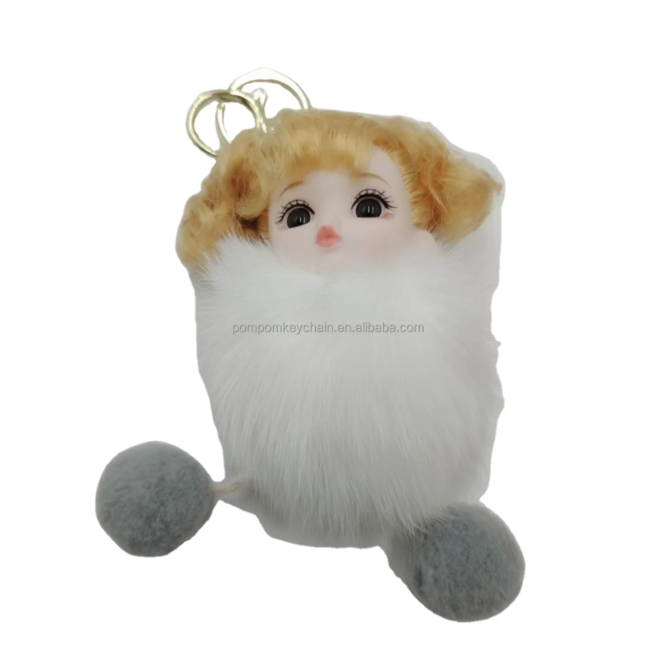 Factory custom girl golden hair fluffy rabbit fur body cute soft pom pom keychain wholesale