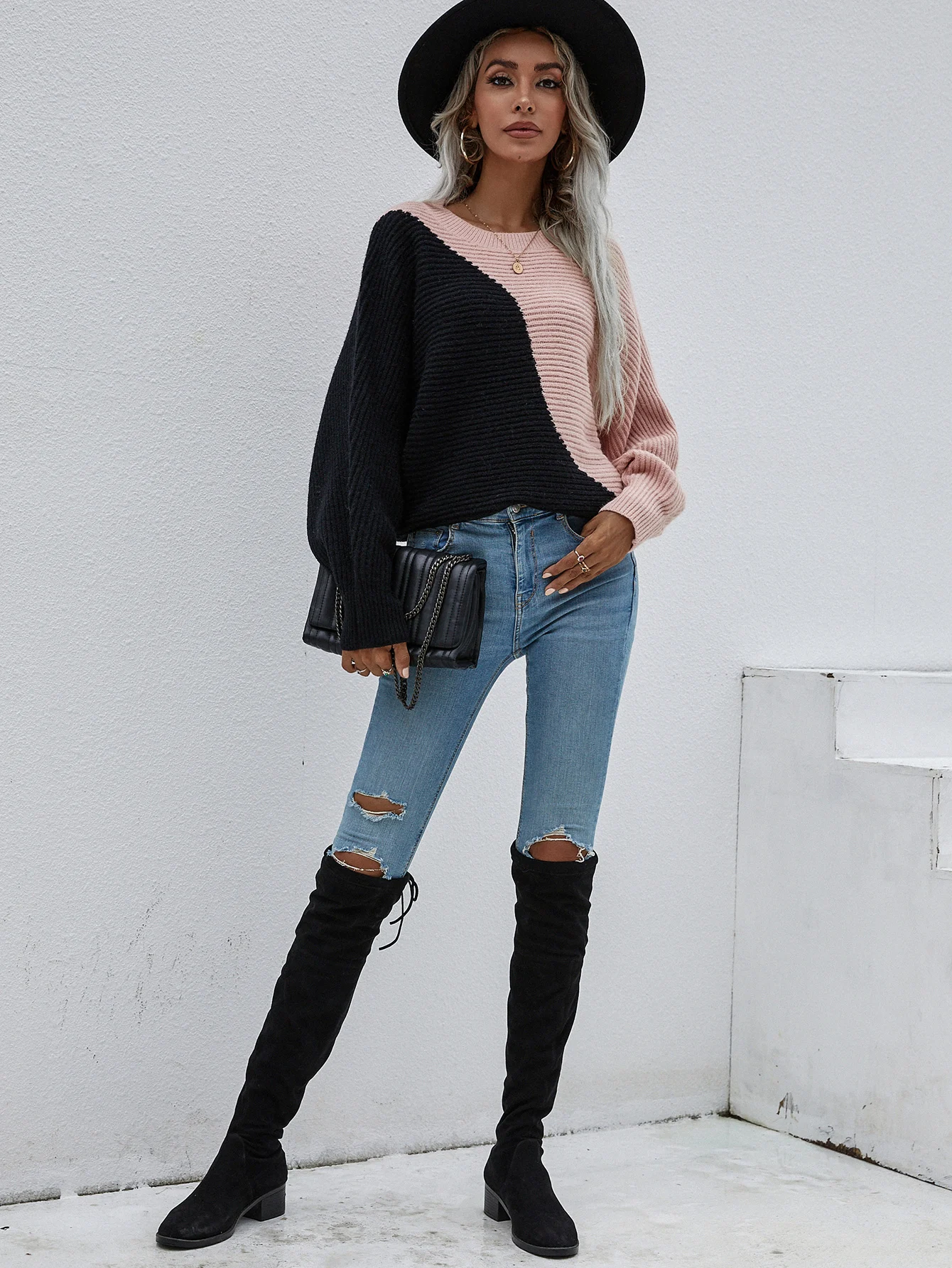 Contrast color long-sleeved sweater autumn and winter new round neck pullover sweater