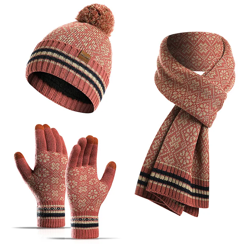 Женский модный зимний теплый вязаный шарф, теплый шерстяной Комплект из трех предметов, шапка, шарф и перчатки (1600307729400)