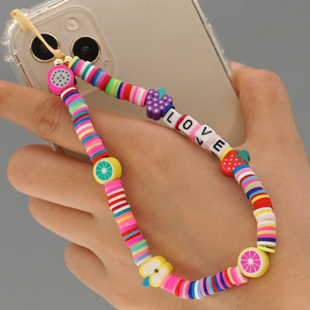 Hot sell Phone Charm Beaded Chain Strap Mobile Chains Cell Phone Lanyard Polymer Clay Heishi 2022 Pearl Colorful Flower Jewelry