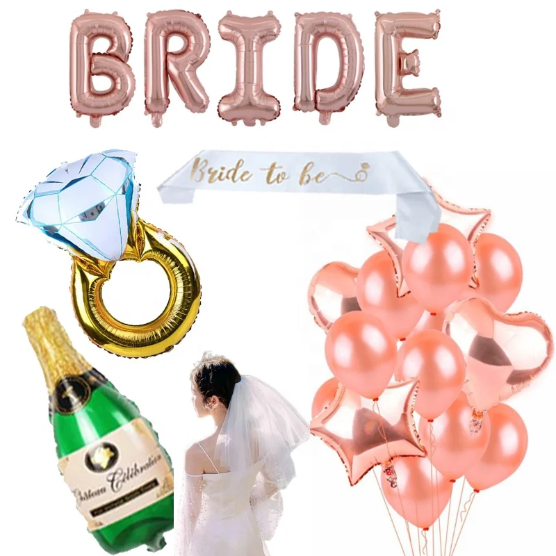 
Hot selling 29pcs Bachelorette Party Decorations Rose Gold Foil Balloons Bride to be Sash Veil Ring Balloon Kit 