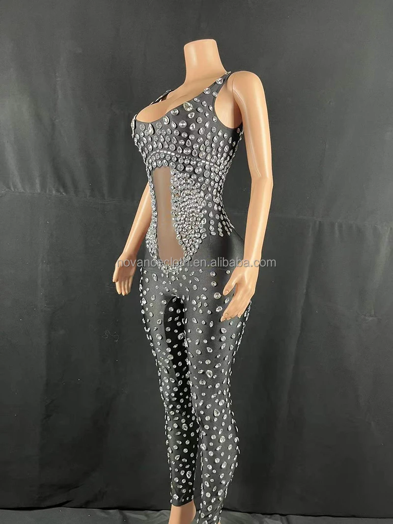NOVANCE Y2141-B Jumpsuit Women Plus Size Diamond Crystal Bling Bodysuit Black Heel Leggings Square Collars Apparel Womens Wear