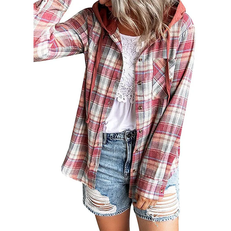 ZACAVIA Sweet Girls 2022 Autumn New Hooded Jacket Loose Button Casual Shirt Coat Fashion Female Candy Color Plaid Outerwear